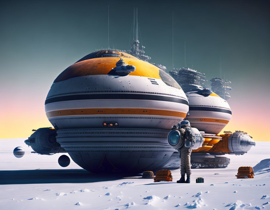 Alien desert landscape with futuristic spherical space stations