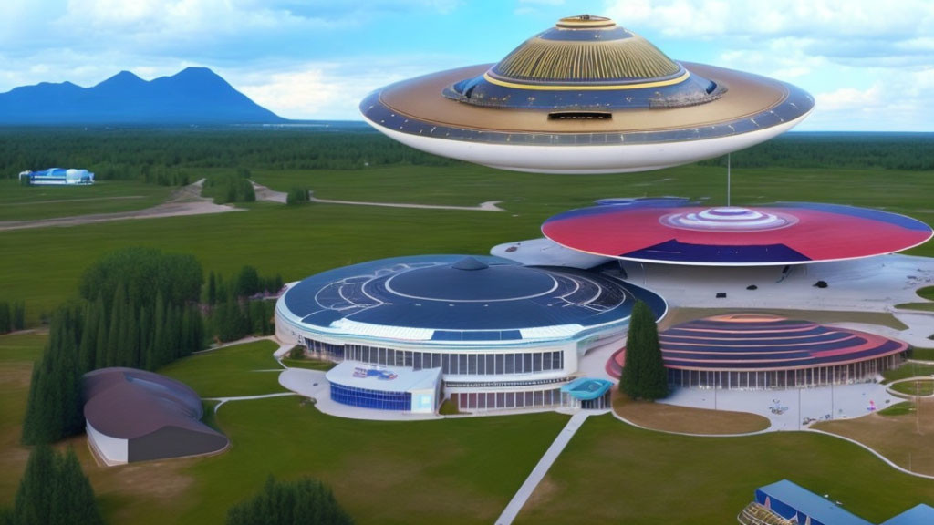 Massive UFO-shaped building hovers over modern facility with circular patterns, surrounded by green field and mountains