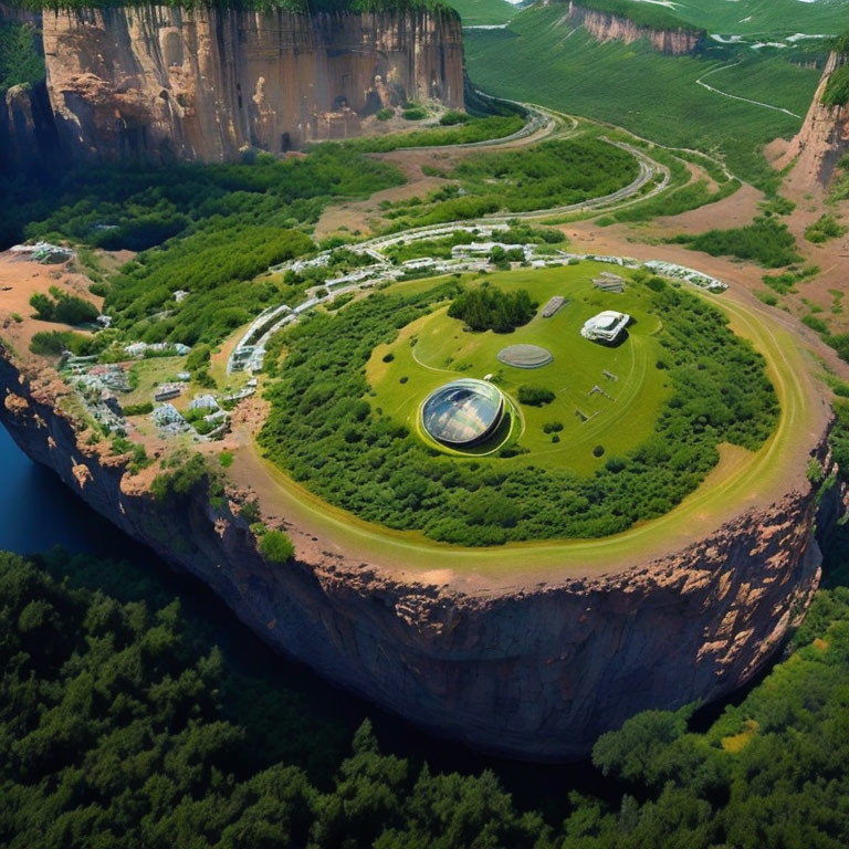 Green park on hill with pathways, buildings, glass structure, cliffs, river