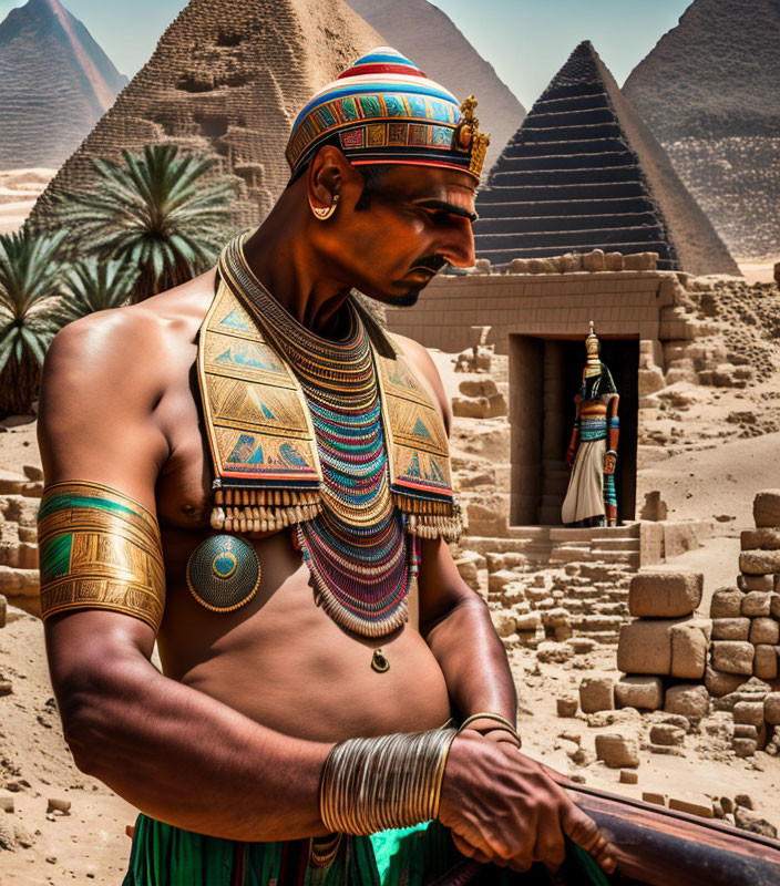 Ancient Egyptian attire person profile against pyramids.