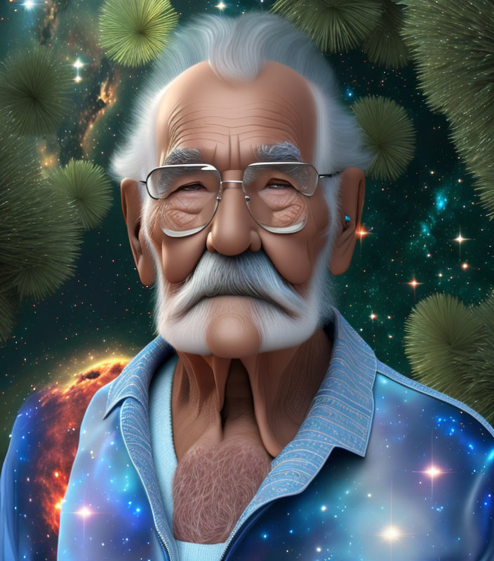 Elderly man with white hair, mustache, glasses, in blue shirt, cosmic background