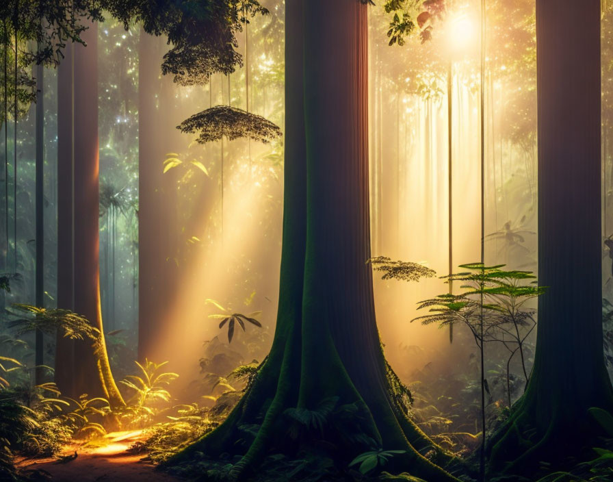 Enchanting forest scene with sunbeams and misty ambiance