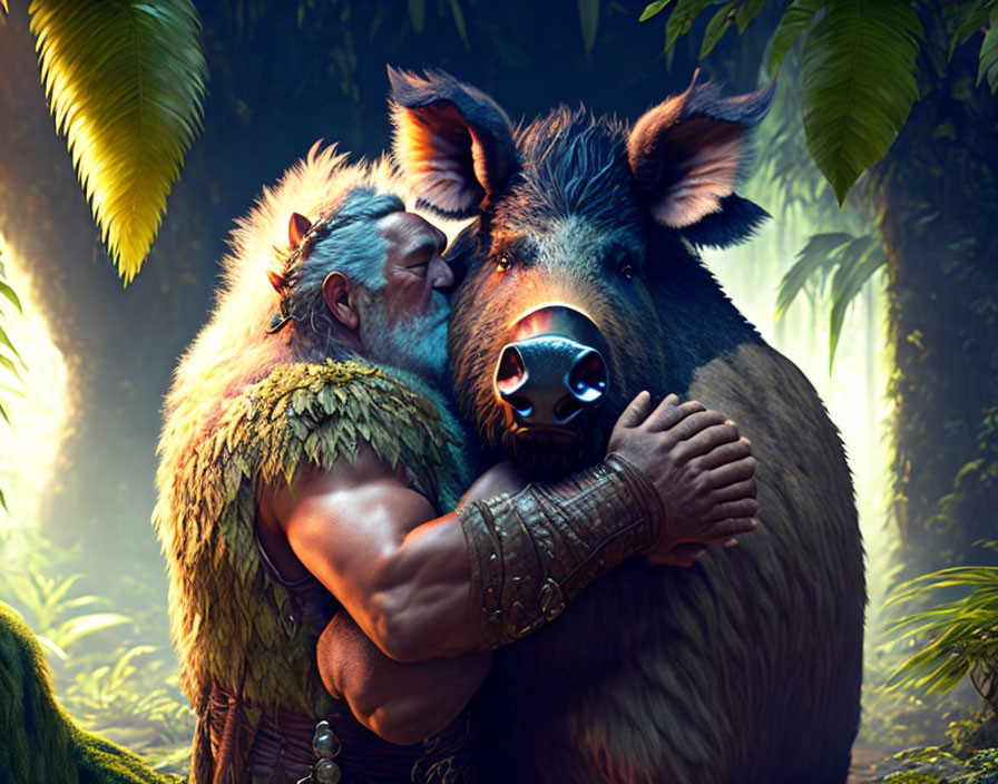 Man with a beard embracing giant boar in lush forest