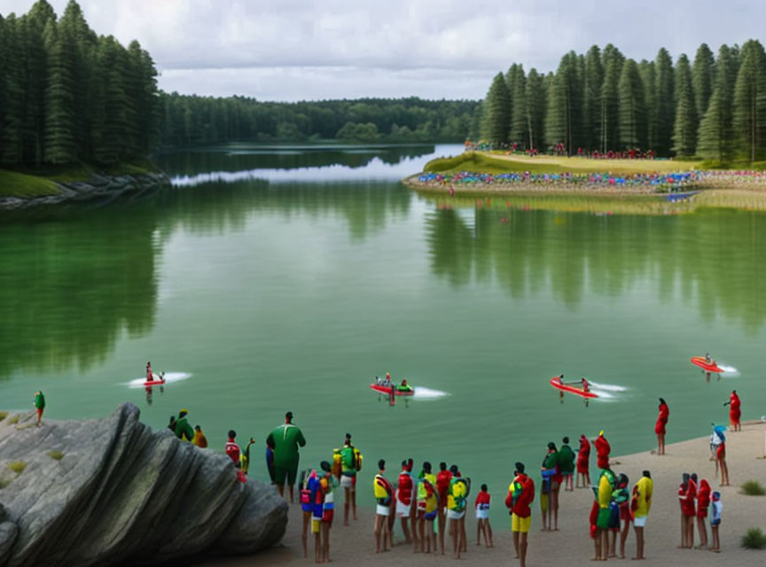 Colorful Group by Serene Lake with Kayakers and Forest