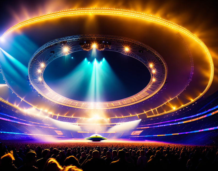 Dynamic Circular Stage Lighting at Packed Stadium Concert