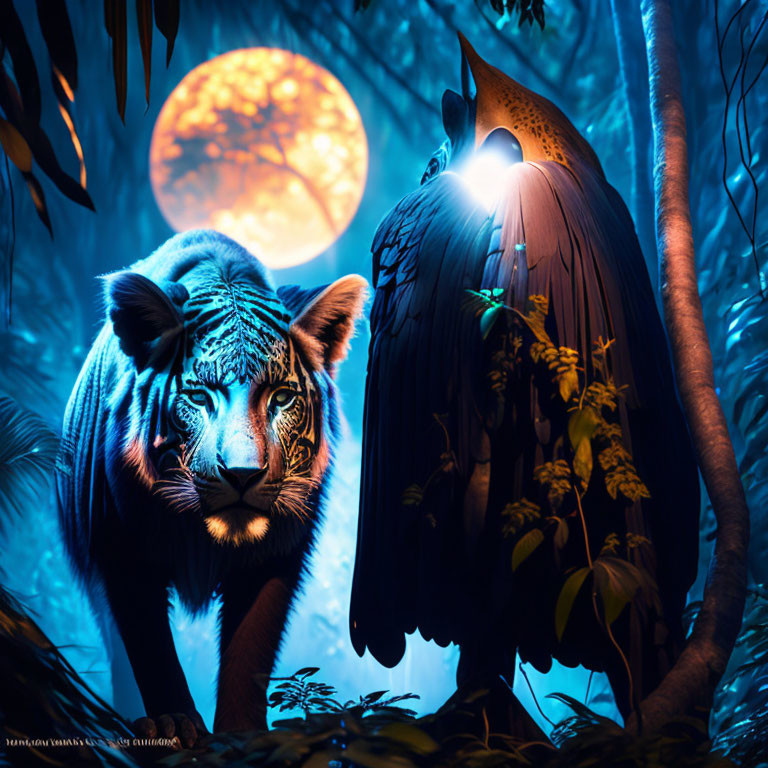 Winged figure and tiger under full moon in mystical forest