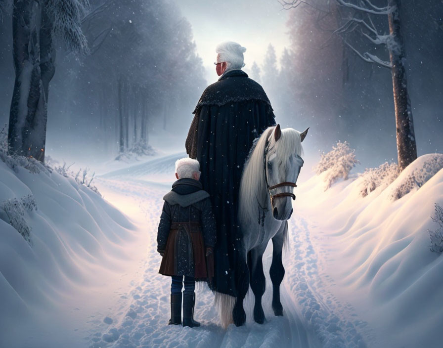 Two people, white horse, snowy path: Winter scene with serene atmosphere