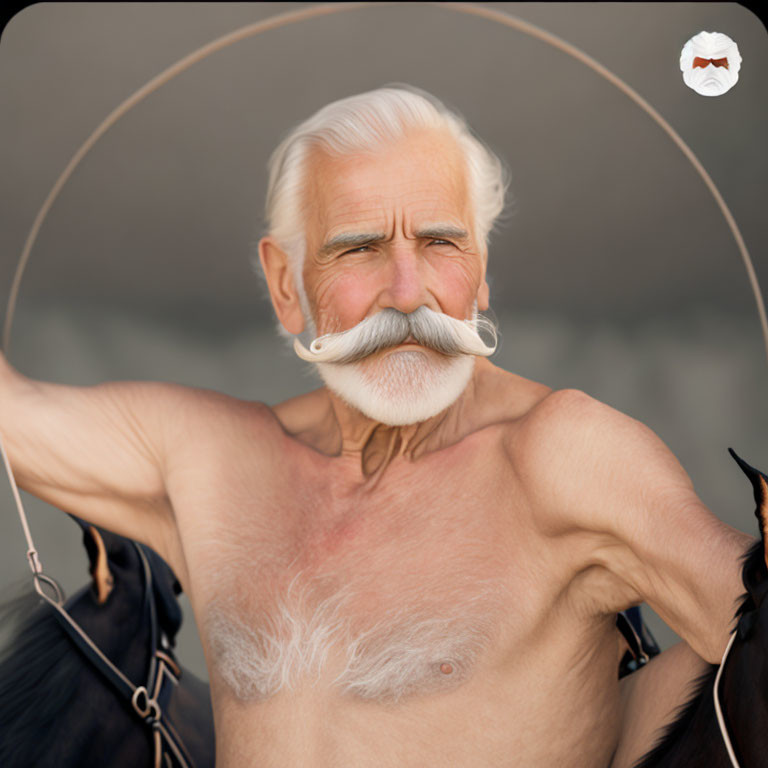 Muscular shirtless elder man with white mustache outdoors