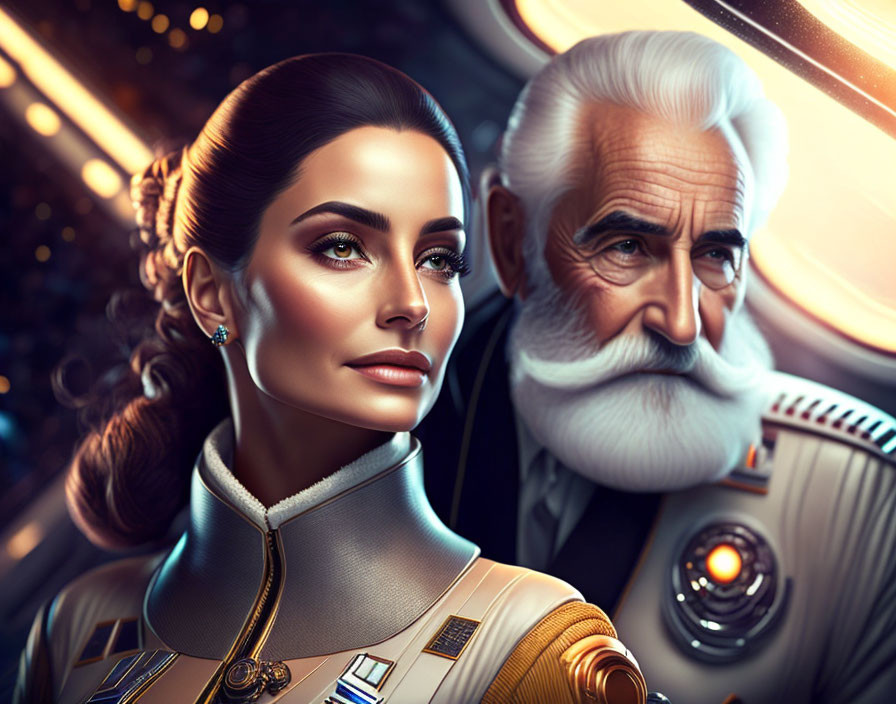 Futuristic digital illustration of woman and older man in spacecraft.