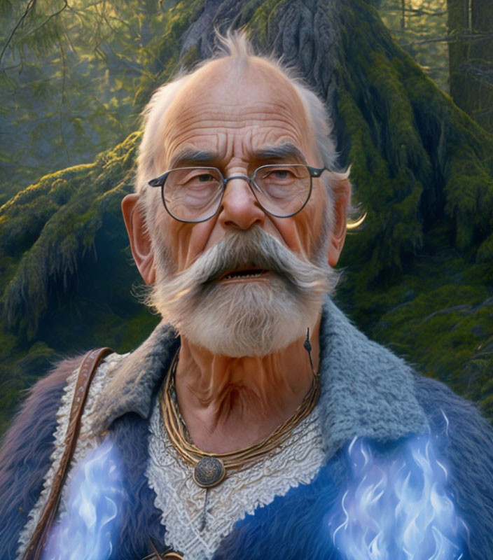 Elderly Bearded Man in Blue Vest with Mystical Flames in Forest