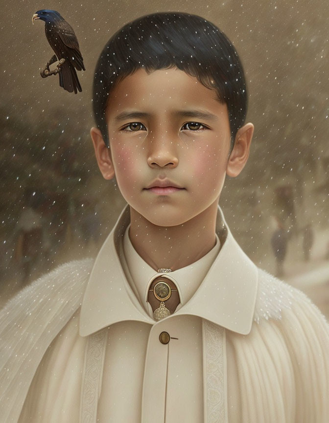 Boy in vintage cream cape with raven in falling snow