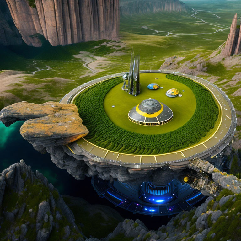 Circular green rooftop park in futuristic city with towering cliffs and advanced buildings.