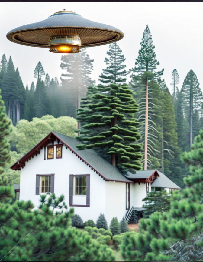 UFO hovering over cozy white house in misty forest