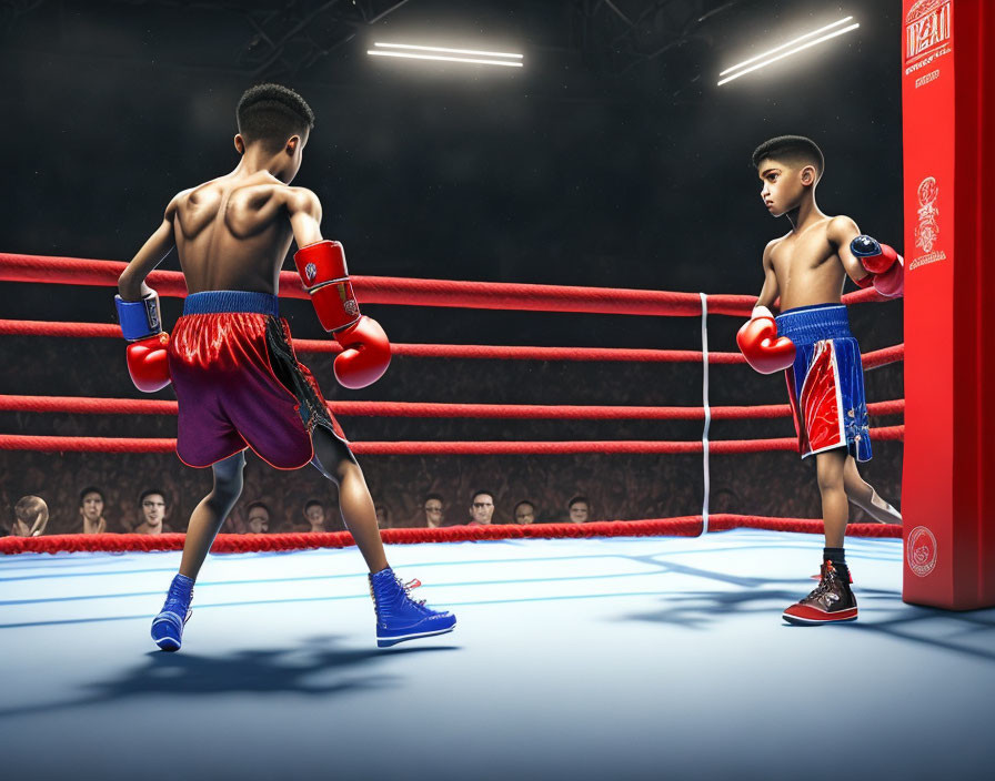 Young boxers in red and blue gloves face off in the ring with attentive crowd.