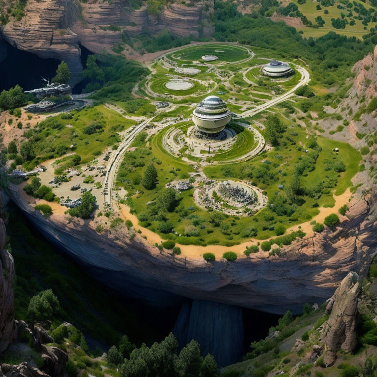 Green-roofed futuristic buildings in lush canyon with winding pathways