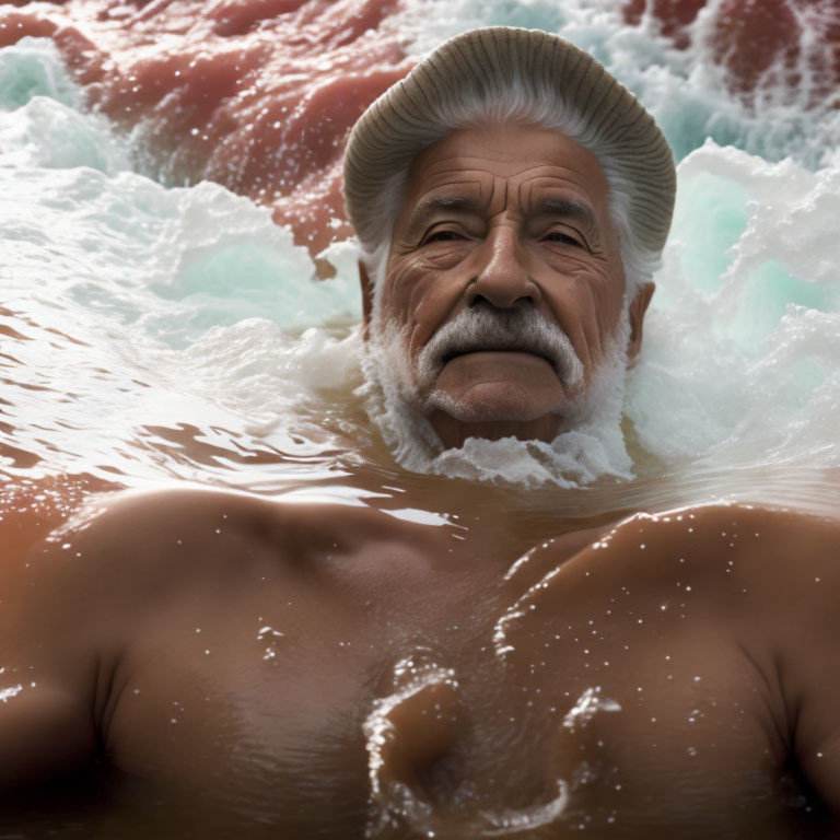 Elderly man with mustache in hat submerged in water with splashing waves