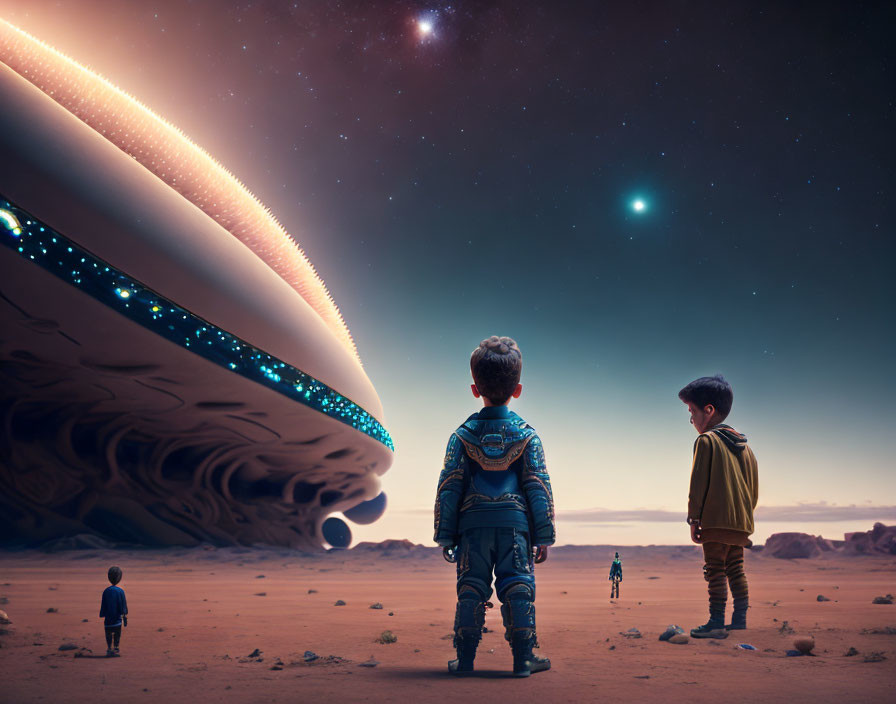 Children in astronaut gear gaze at spaceship in desert at dusk