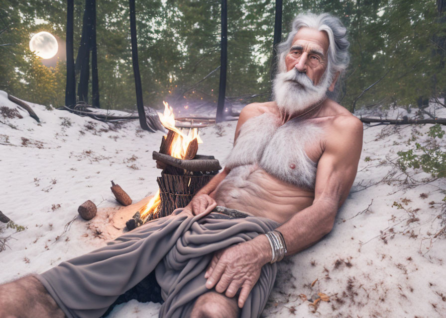 Elderly man with white beard by snowy campfire & full moon