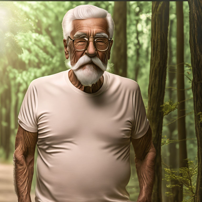 Elderly muscular man with white beard in forest setting