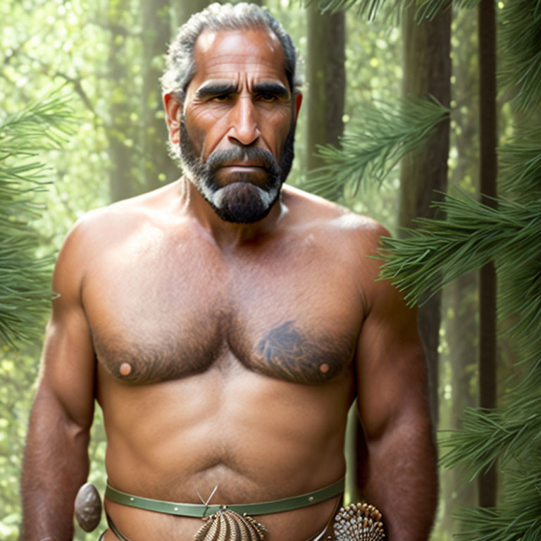 Muscular man with graying beard in forest, warrior-like belt.