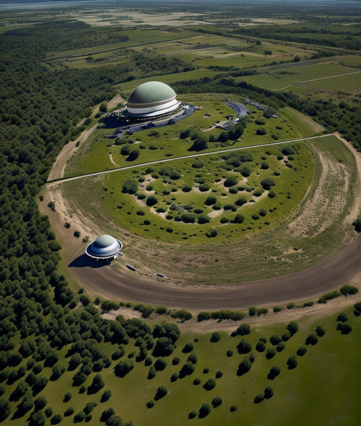 Modern observatory with dome building in green fields.