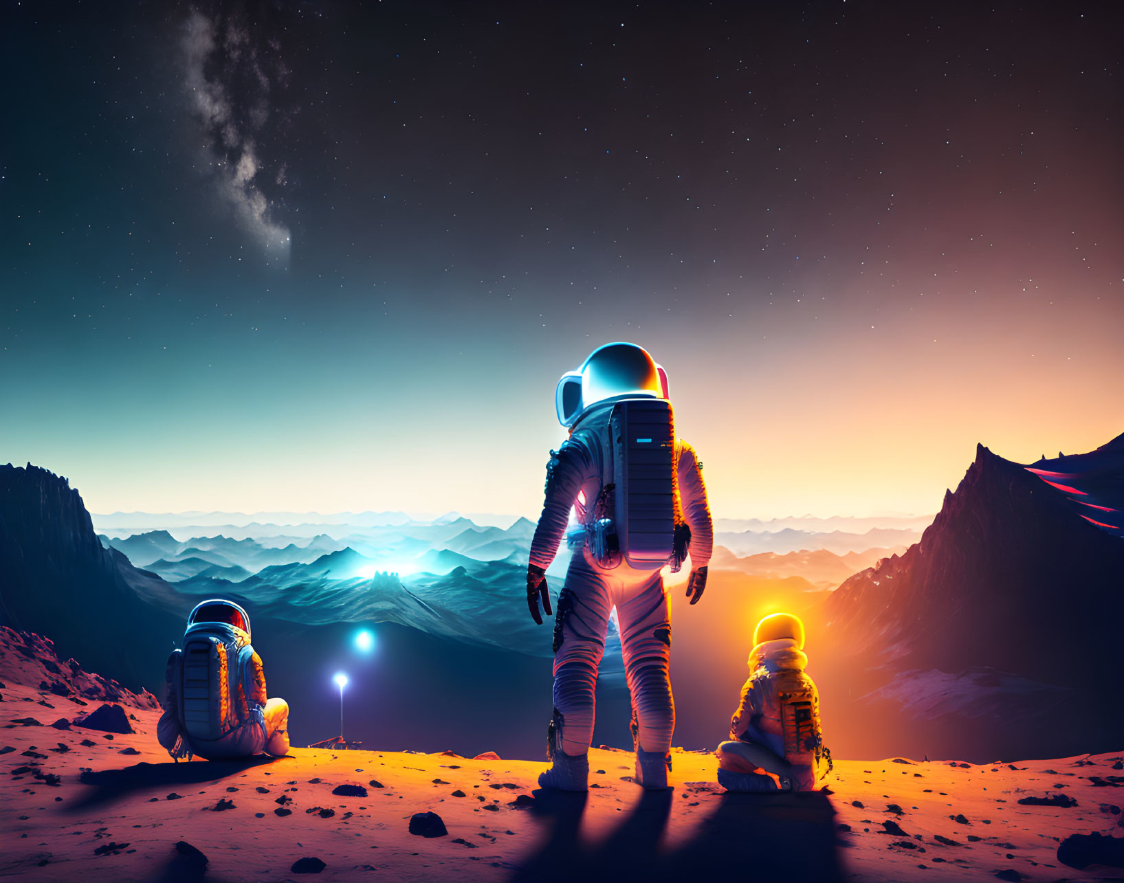 Astronauts exploring rugged alien terrain under distant sun and stars