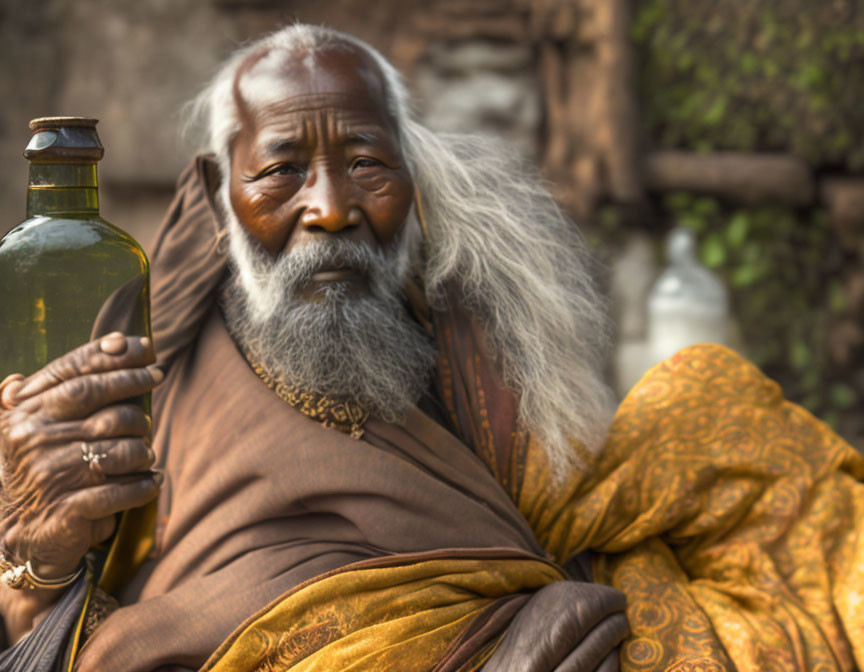 Elderly man with white beard in golden robe holding green bottle against rustic backdrop