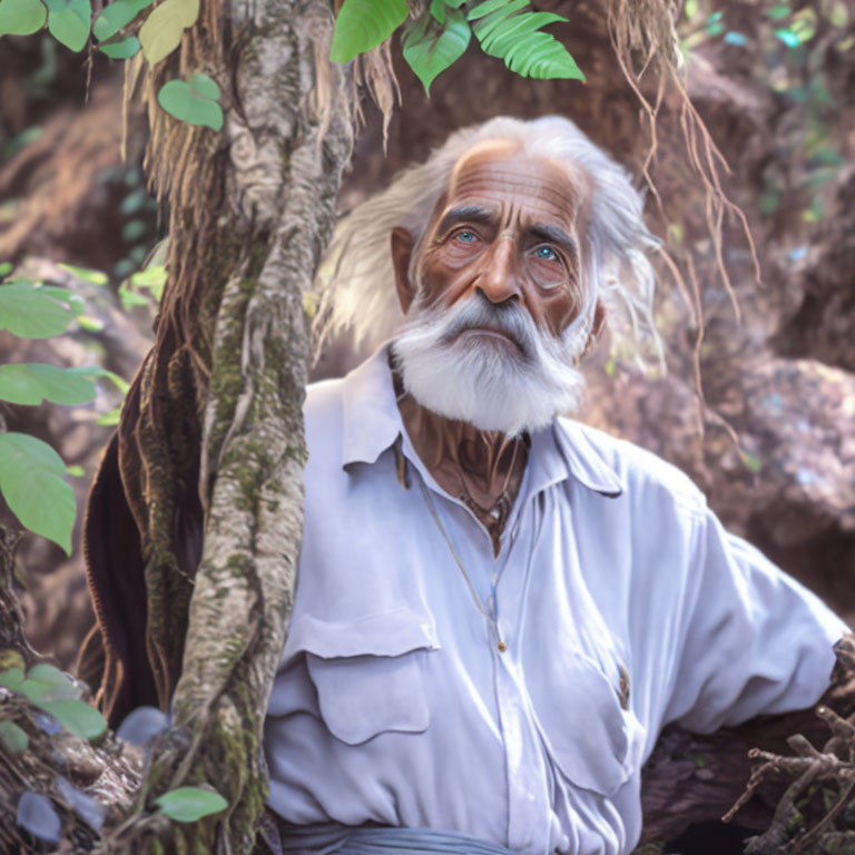 Elderly man with white beard and blue eyes in woods portrait.