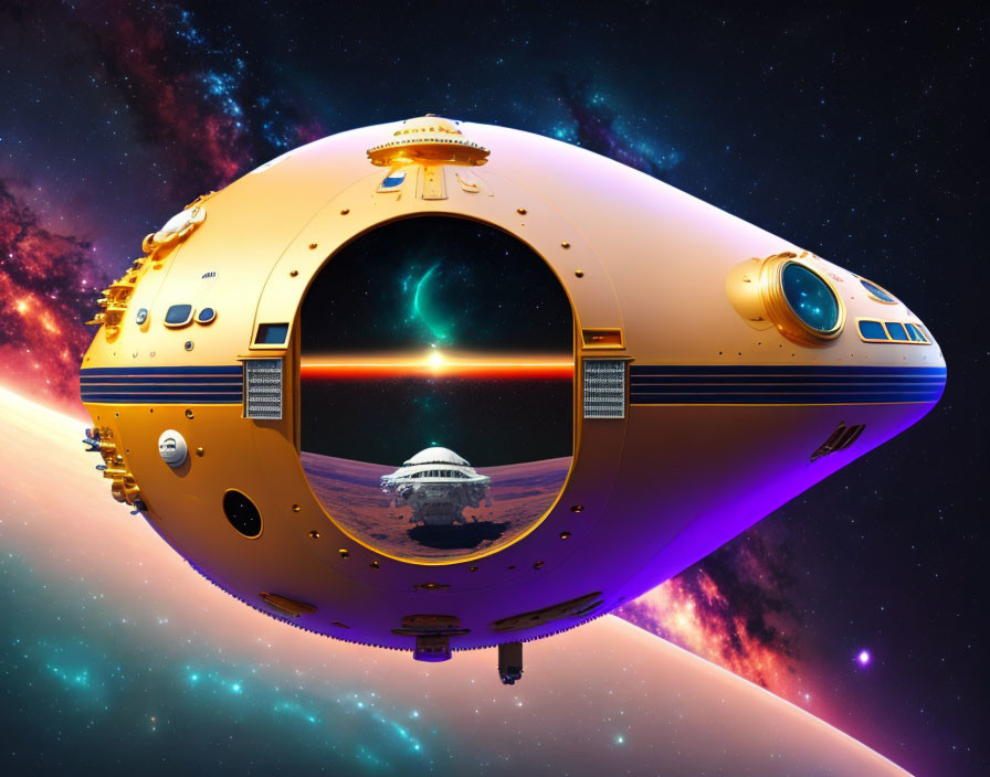 Golden futuristic spaceship with large windows in cosmic backdrop