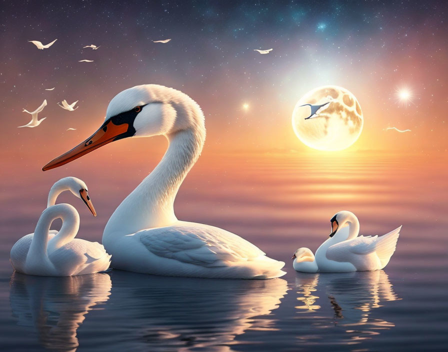 Tranquil scene: Three swans on calm water under a full moon