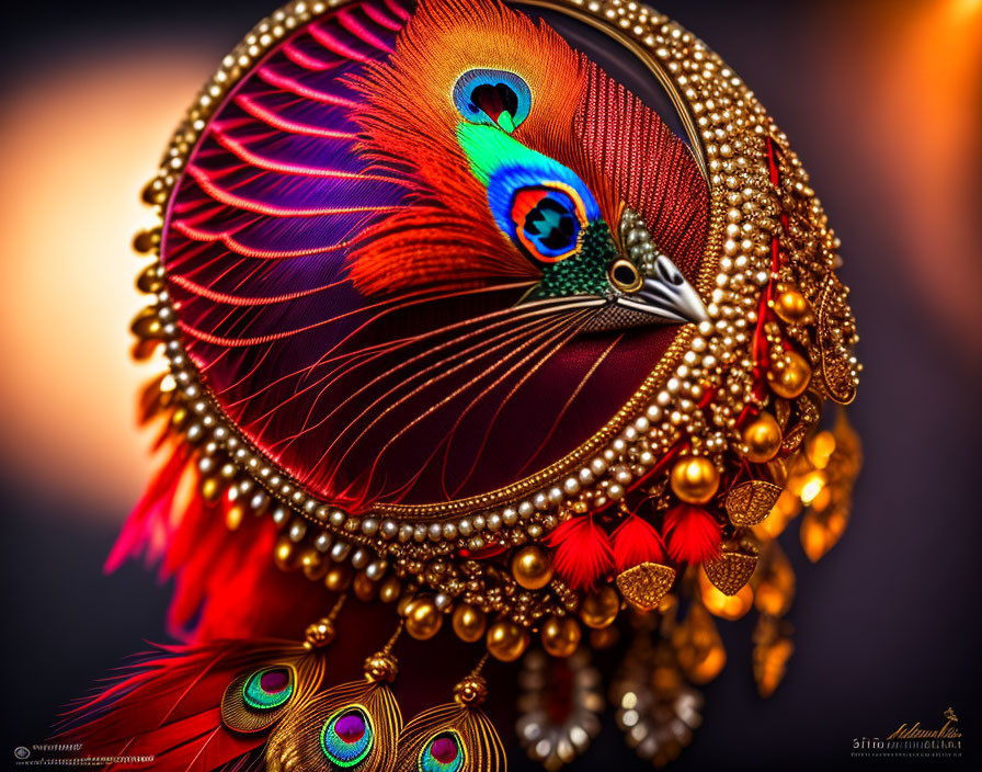 Gold-Framed Hand Mirror with Peacock Image in Red and Blue Hues