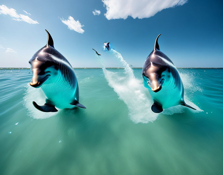 Two leaping dolphins in sparkling ocean under blue sky