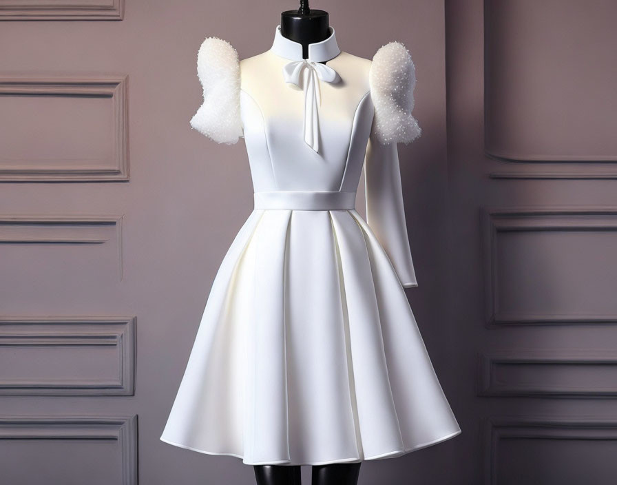 White Cocktail Dress with Fluffy Sleeves and Bow Neckline on Mannequin