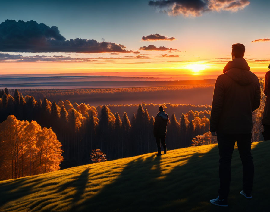 Silhouette of two people on grassy hill at sunset.