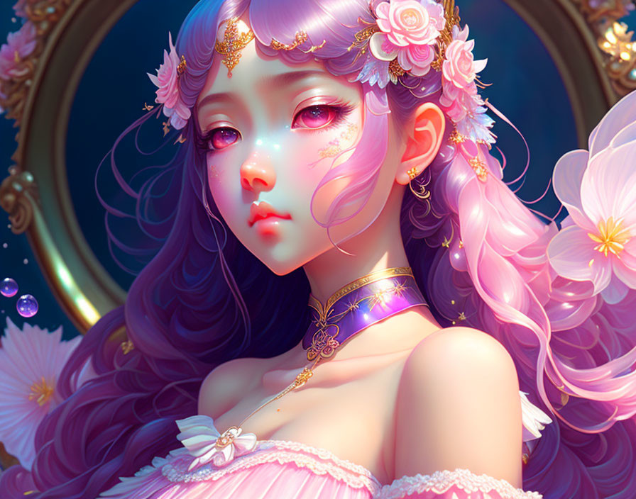 Fantasy female character with purple hair, adorned with pink flowers and golden jewelry in circular mirror.