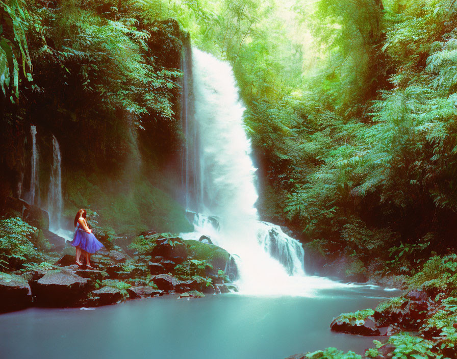 Person in Blue Dress Stands in Forest with Waterfall