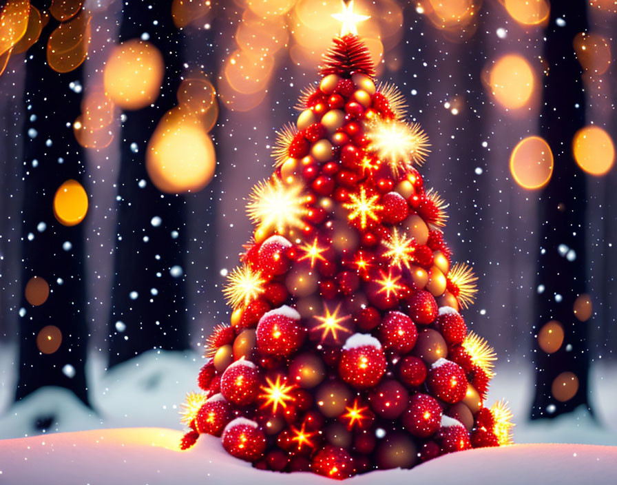 Decorated Christmas tree with red baubles and golden lights in snowy bokeh scene