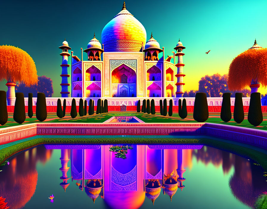 Colorful Taj Mahal reflection with surreal landscape