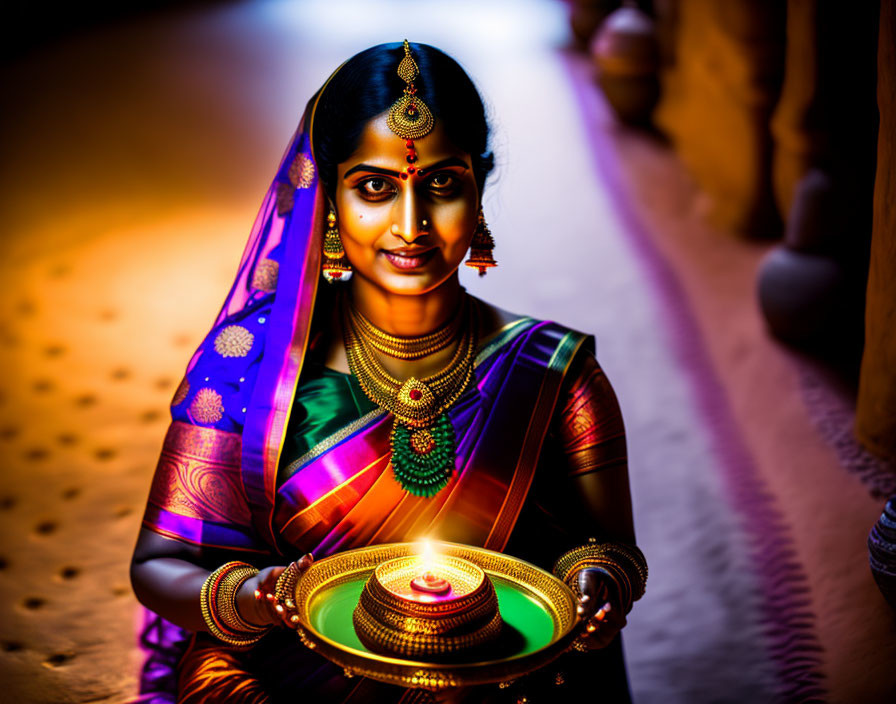 Traditional Indian woman in jewelry holding a lit lamp in warm glow