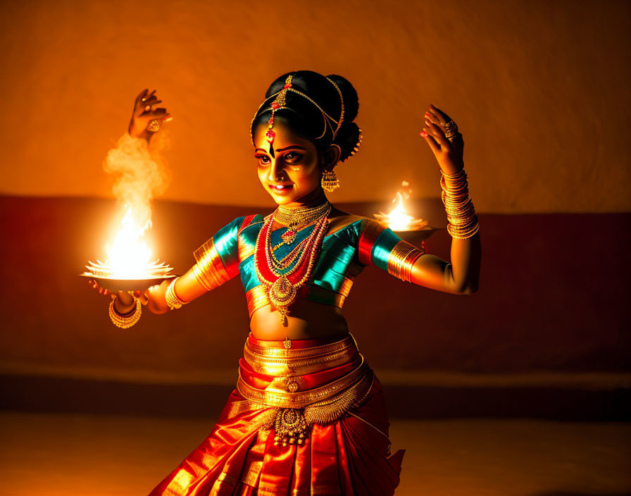 Colorful Traditional Indian Dancer with Lit Lamps in Warm Lighting