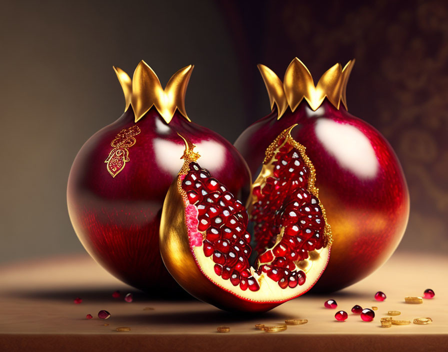 Ornate pomegranates with detailed seeds on decorative background