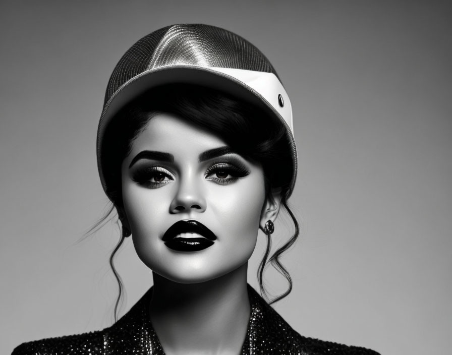 Monochrome portrait of woman with bold makeup and snapback hat tilted, on gray background