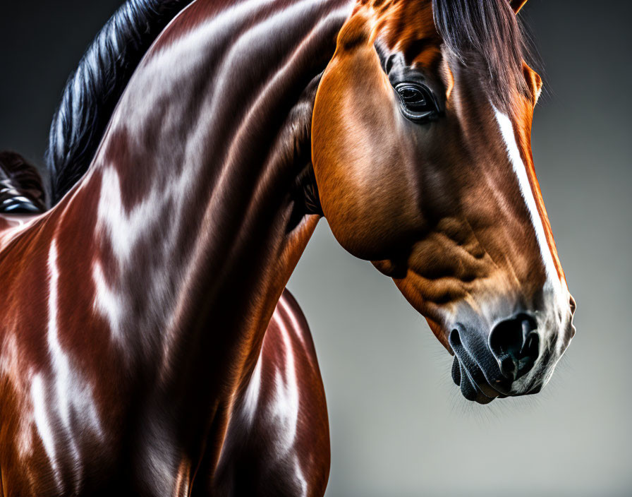 Brown horse with shiny coat and black mane in serene side profile against grey background