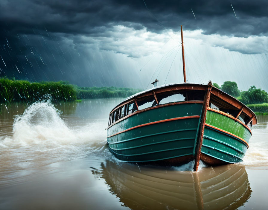 Boat moored in river under rainstorm clouds