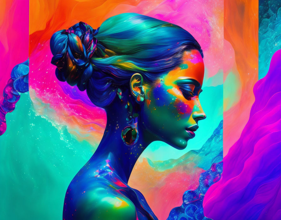 Colorful space-themed digital art of a woman on vibrant abstract background