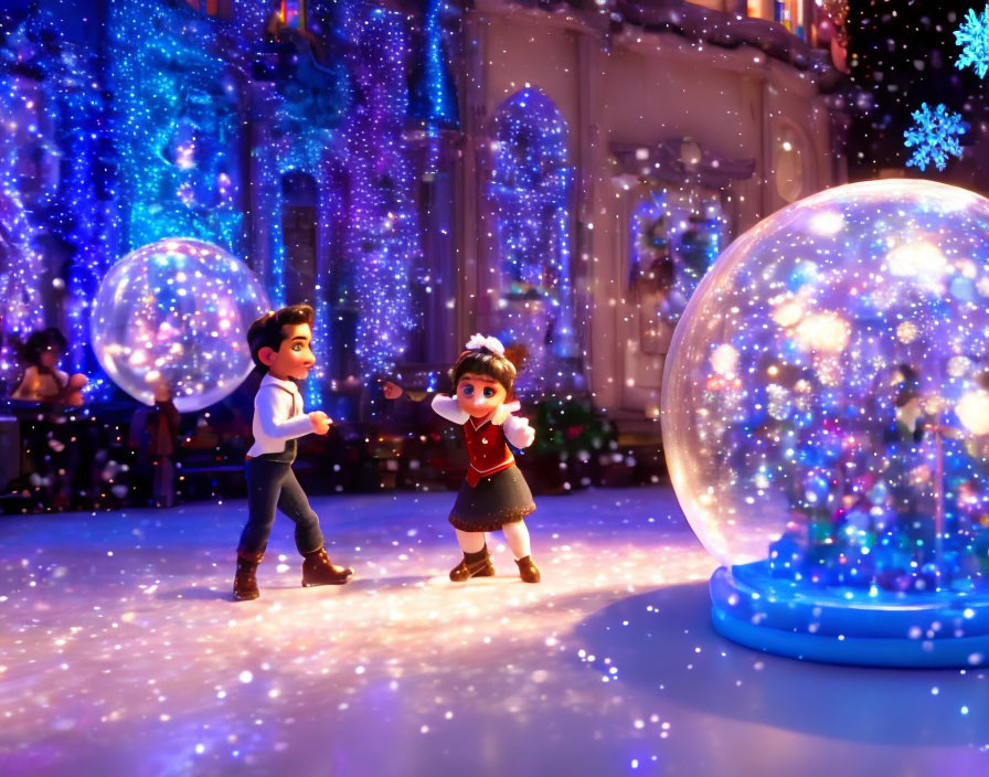 Animated children ice-skating near glowing snow globes in festive snowflake-lit scene