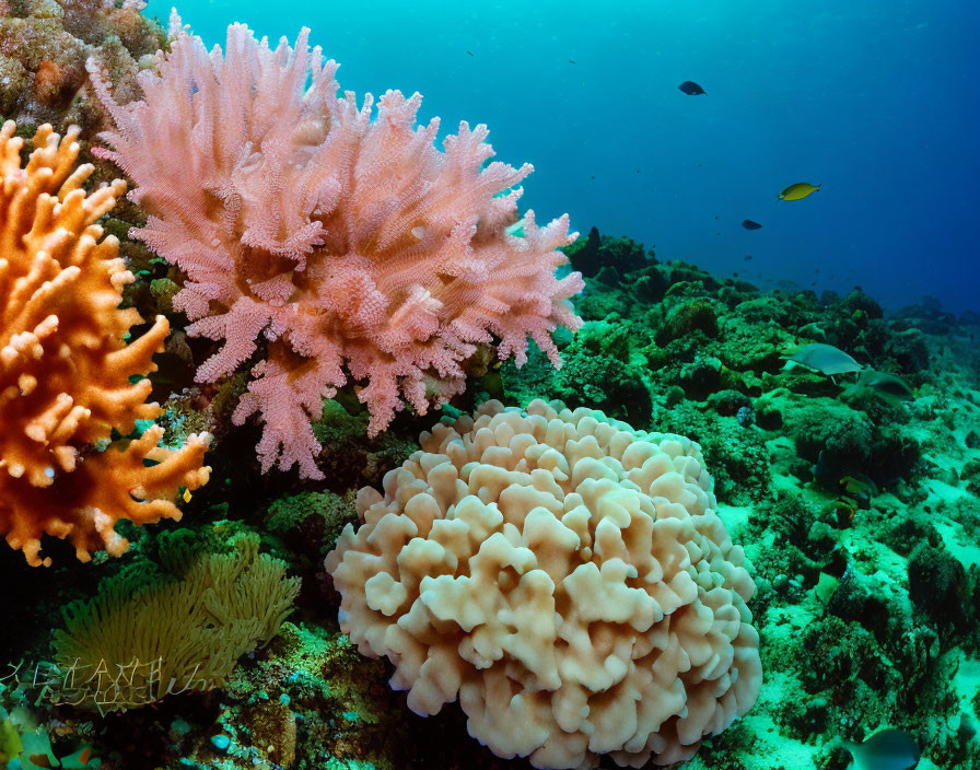 Colorful Coral Reef Teeming with Marine Life in Blue Underwater Scene