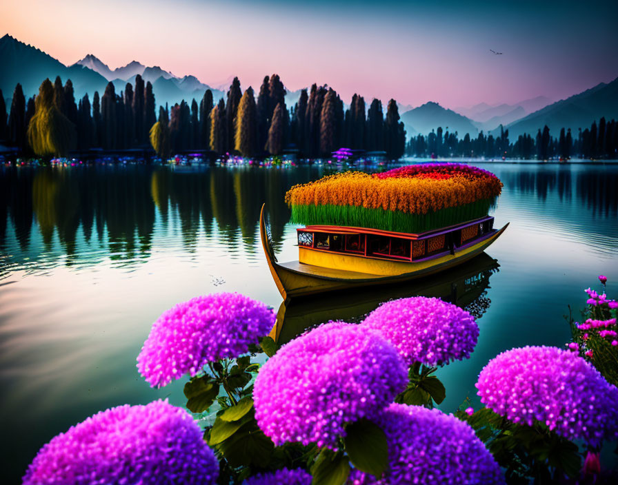 Colorful Flowers Adorn Traditional Boat on Serene Lake at Sunset