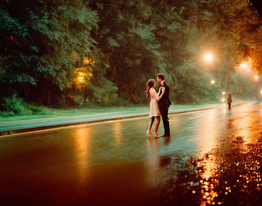 Romantic couple embracing in wet street under glowing streetlights