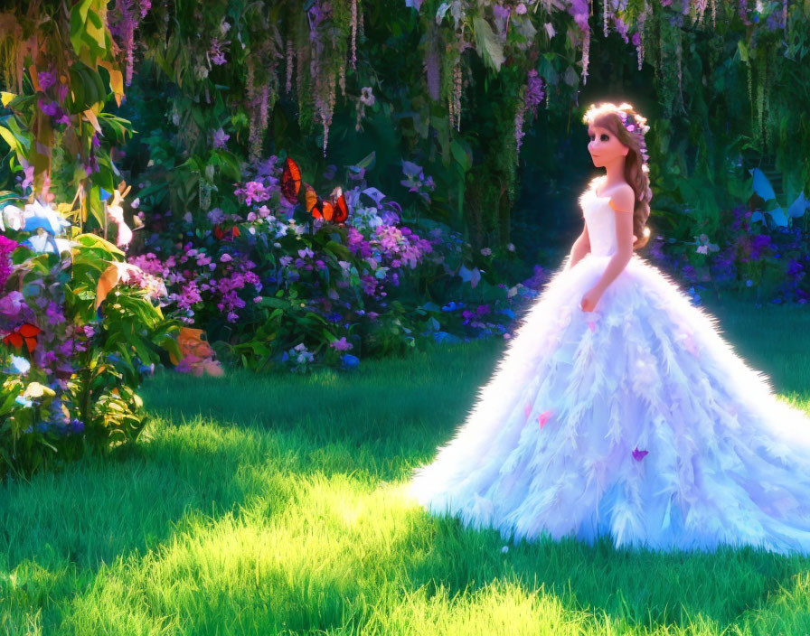 Elegant figure in white gown surrounded by garden flowers